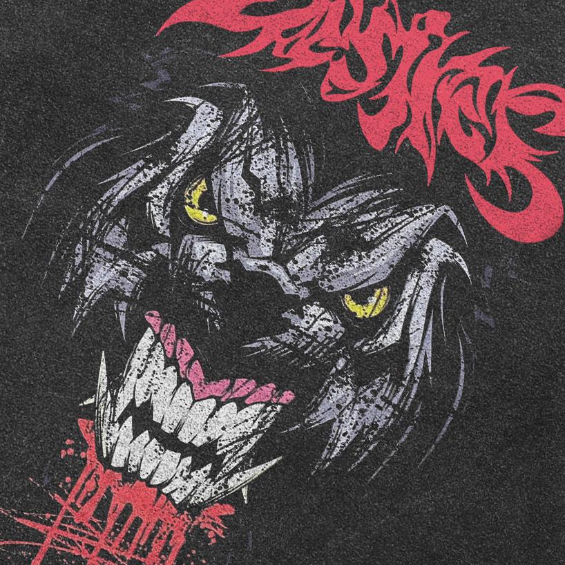 Streetwearové tričko Vicious Dog s vintage praním v černé barvě Bavlna Y2K Unisex Volný střih Topy Trička