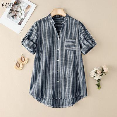 Women Casual V-Neck Summer Short Sleeve Stripe Blouse
