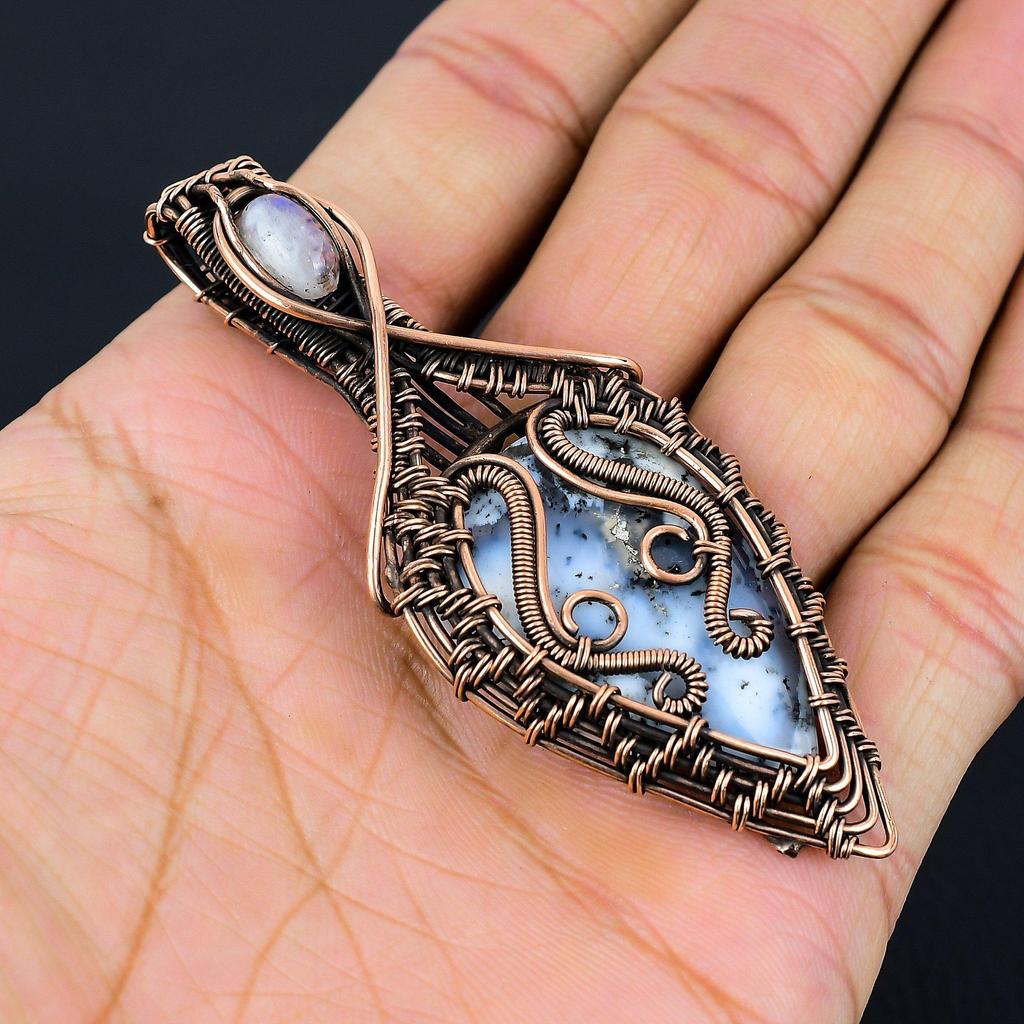 Dendrite Opal, Moonstone Gemstone Pure Copper Wire Wrapped Designer Handmade Pendant Jewelry For Her