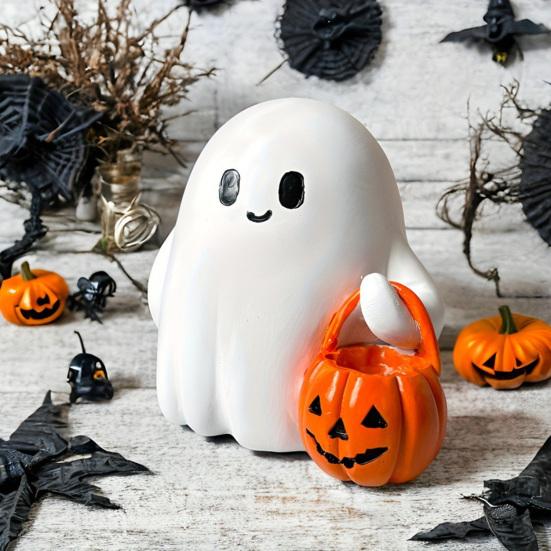 2/3Pcs Halloween Ghost Statue Holding Pumpkin Cartoon Ghost Resin Statue Figurine Sculpture Holiday Party Decoration Ornament