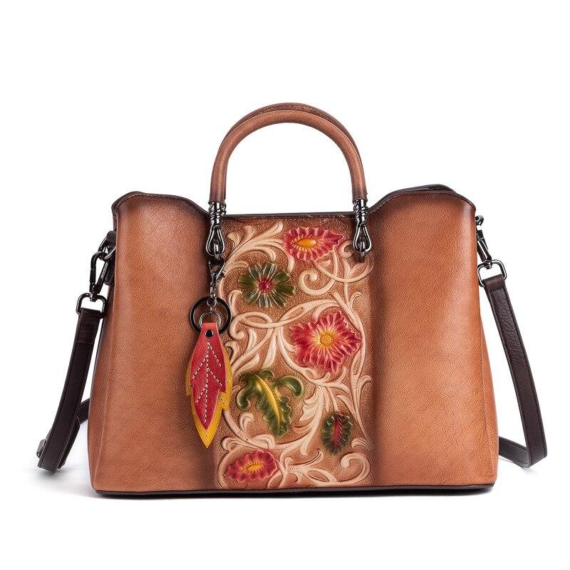 Johnature Všestranná kabelka Dámská kabelka z pravé kůže Vintage Ručně vyráběná embosovaná přírodní hovězí kůže Tašky přes rameno