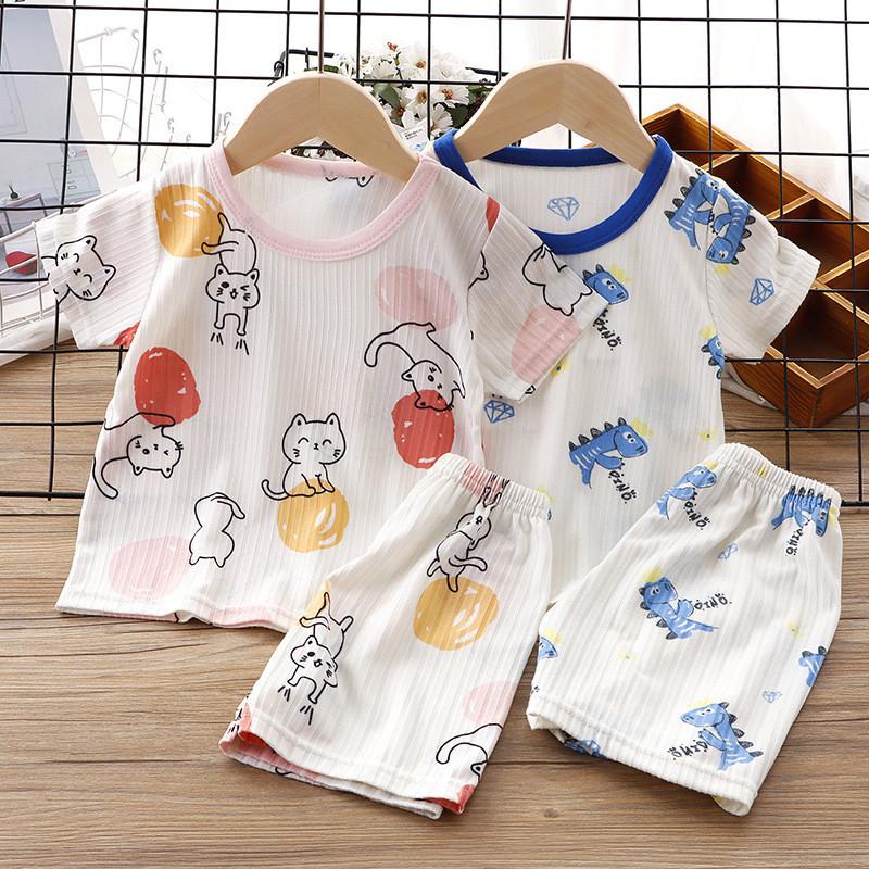 Baby Summer Ice Silk Shorts Pajama Set With Cartoon Prints For Toddler Sleepwear