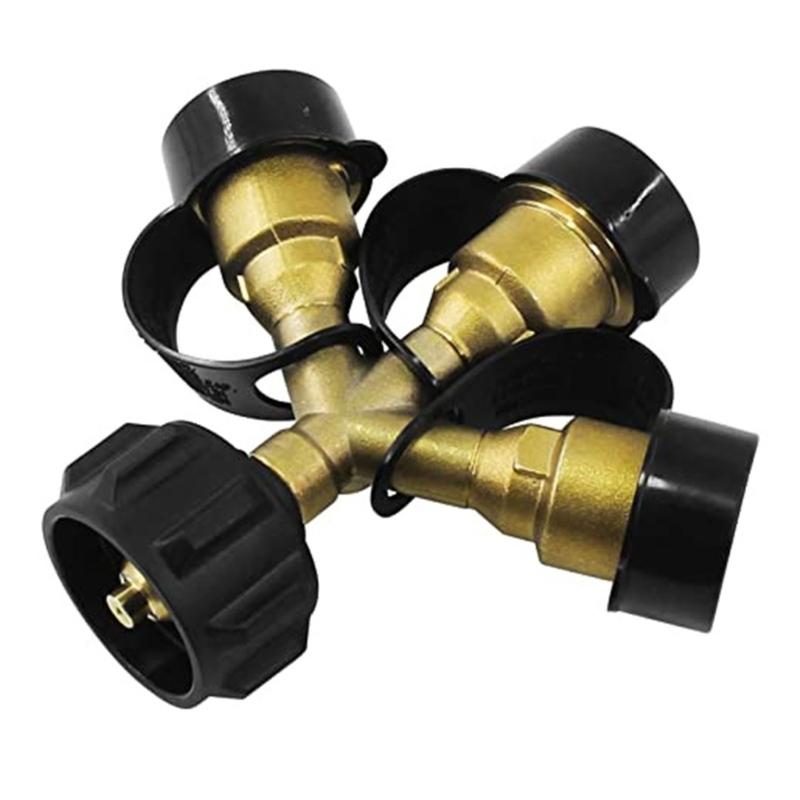 3 Way Propane Tank Y Splitters Adapter Brass Construction With Pressure Gauge Safety Shut Off Valves For Multiple Appliance Connection