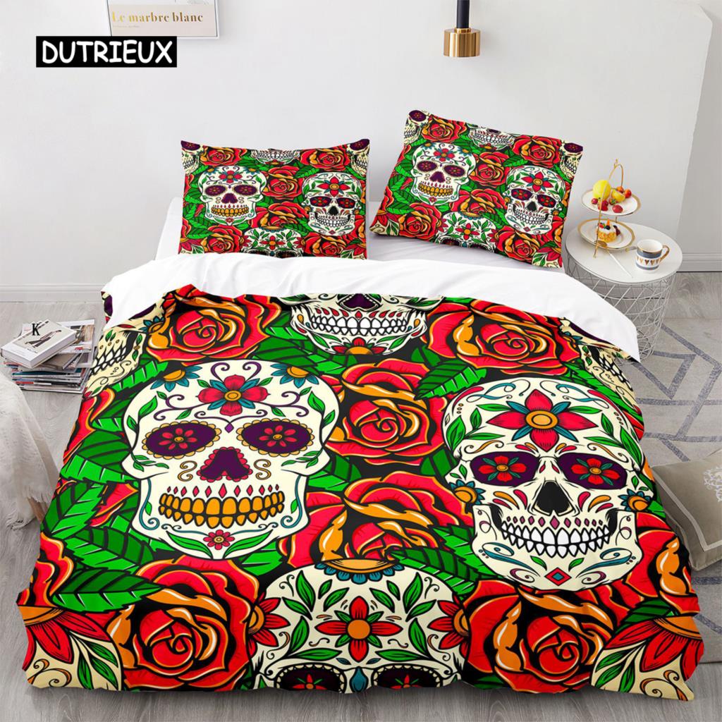 Povlak na přikrývku Sugar Skull King Mikrovlákno Růžový Ložní Set Květinová Lebka Povlak na Přikrývku Černá Červená Oranžová Kostra Jednolůžkový Povlak na Prošívanou Přikrývku