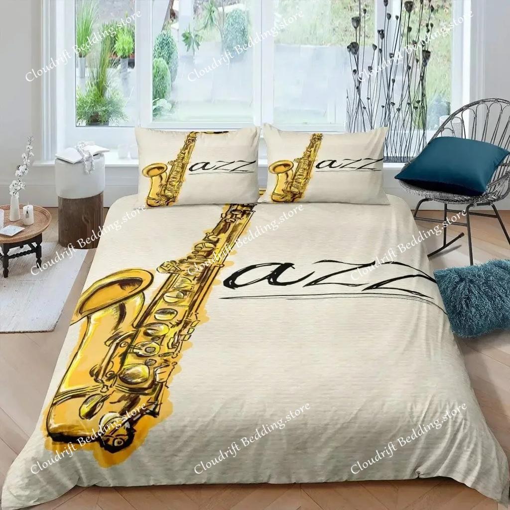 Saxophone Duvet Cover Set Rotating Musical Notes Bedding Set Musical Instrument Retro Jazz Music Twin 3D Quilt Cover for Kids