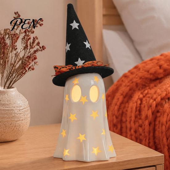 Gifts for Halloween Light Up Ghost Decoration, Cute Spooky Witch Hat Figurine, Festive Holiday Party Decor Resin LED Lighted Statue Mantel,