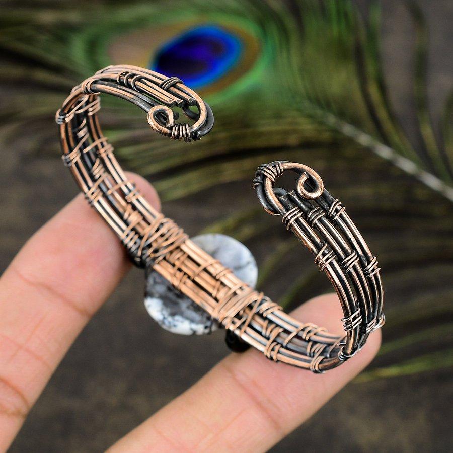 Natural Dendrite Opal Handmade Copper Wire Wrap Cuff Bangle Adjustable W5w23
