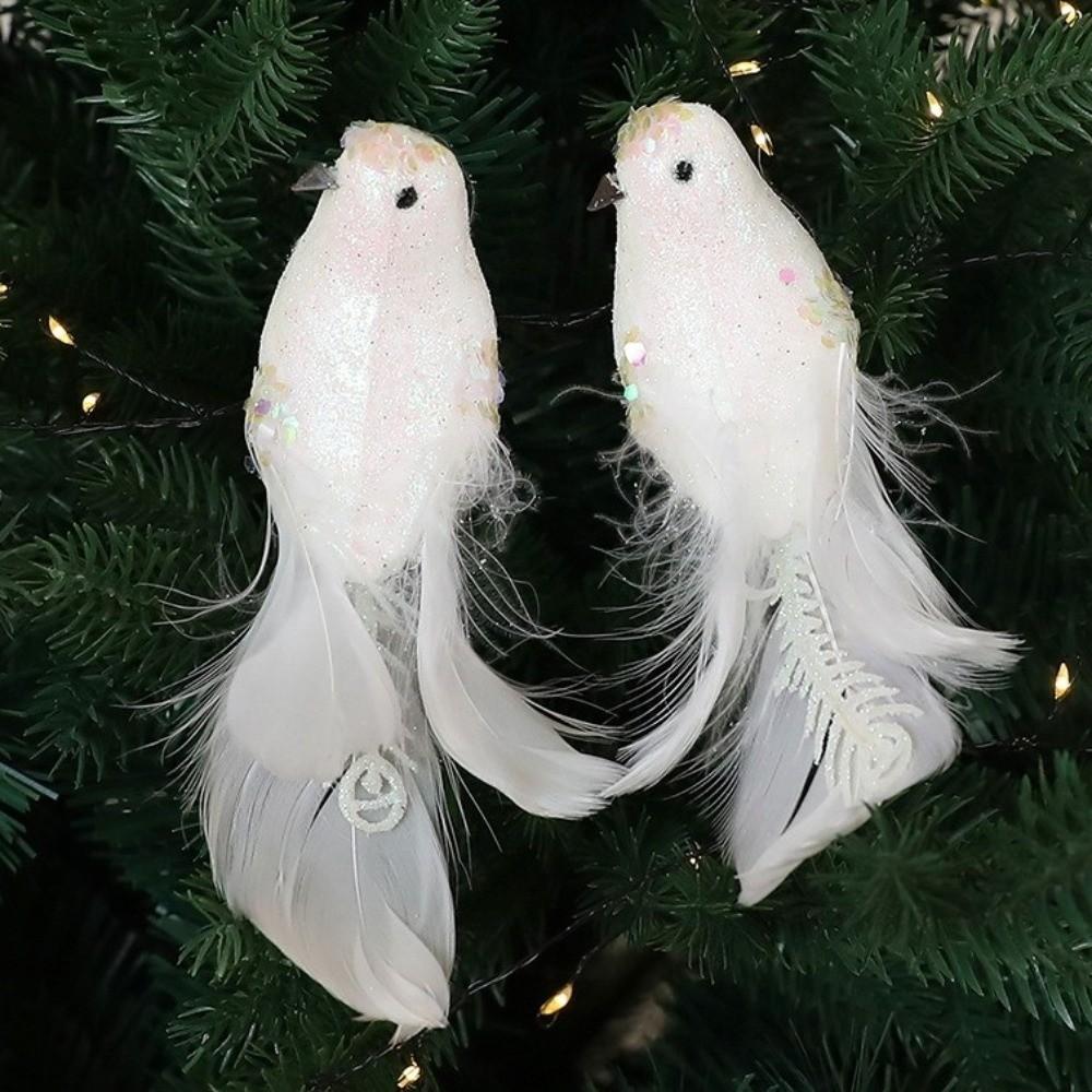 White Doves Christmas Tree Pendants Glitter Feather Birds Ornaments  Wedding Decoration