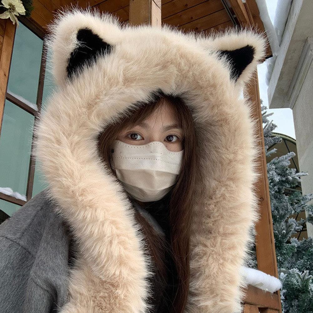 Plush Cap Scarf Integrated Ear Protection Plush Fox Ear Hat Beanie Hat Scarf Windproof Thickening Hooded Scarf Neck Warmer