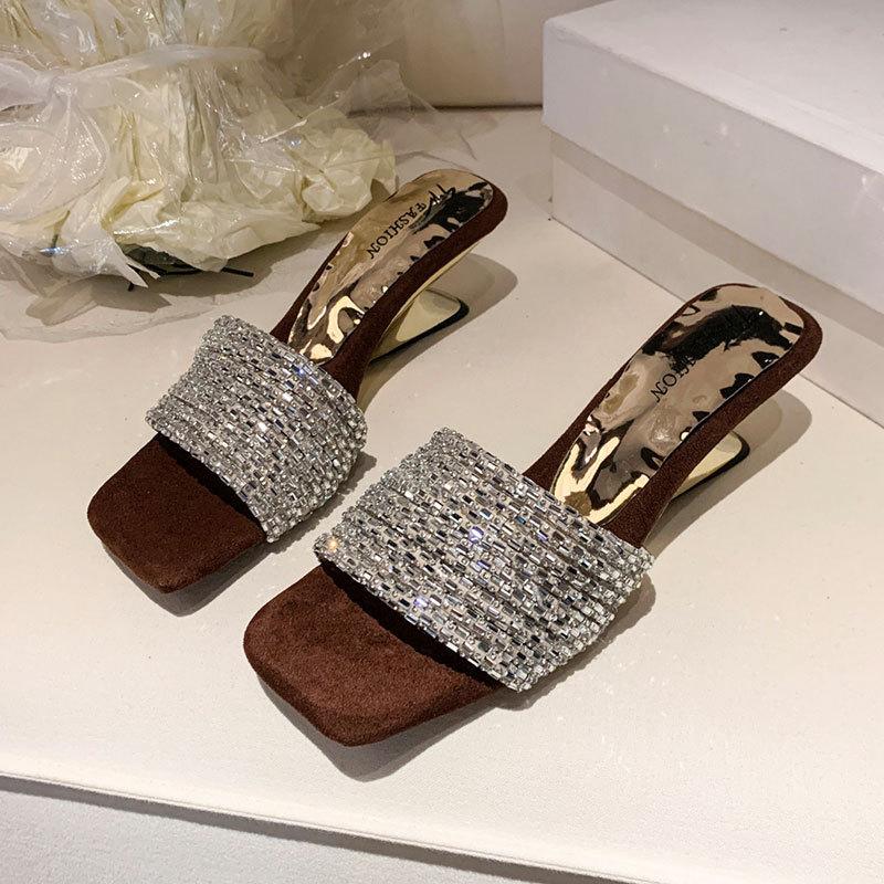 Beautiful One-word Sandals for Women To Wear In Summer, New Rhinestone Temperament with Skirt, High-heeled Cool Slippers