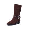Suede Mid-Tube Boots Autumn New Pointed Toe Sleeve Belt Buckle Soft Sole Non-Slip Block Heel Skinny Boots