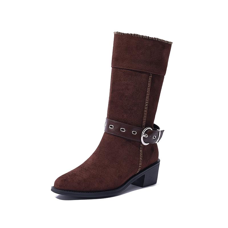 Suede Mid-Tube Boots Autumn New Pointed Toe Sleeve Belt Buckle Soft Sole Non-Slip Block Heel Skinny Boots