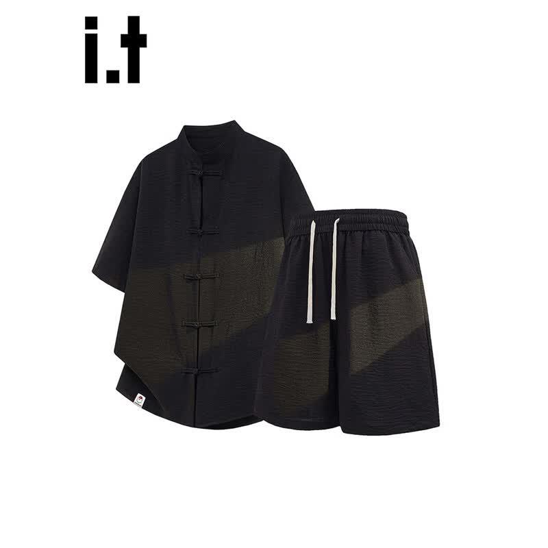Men's New Chinese Style Faux Linen Short Sleeve Shirt & Shorts Set