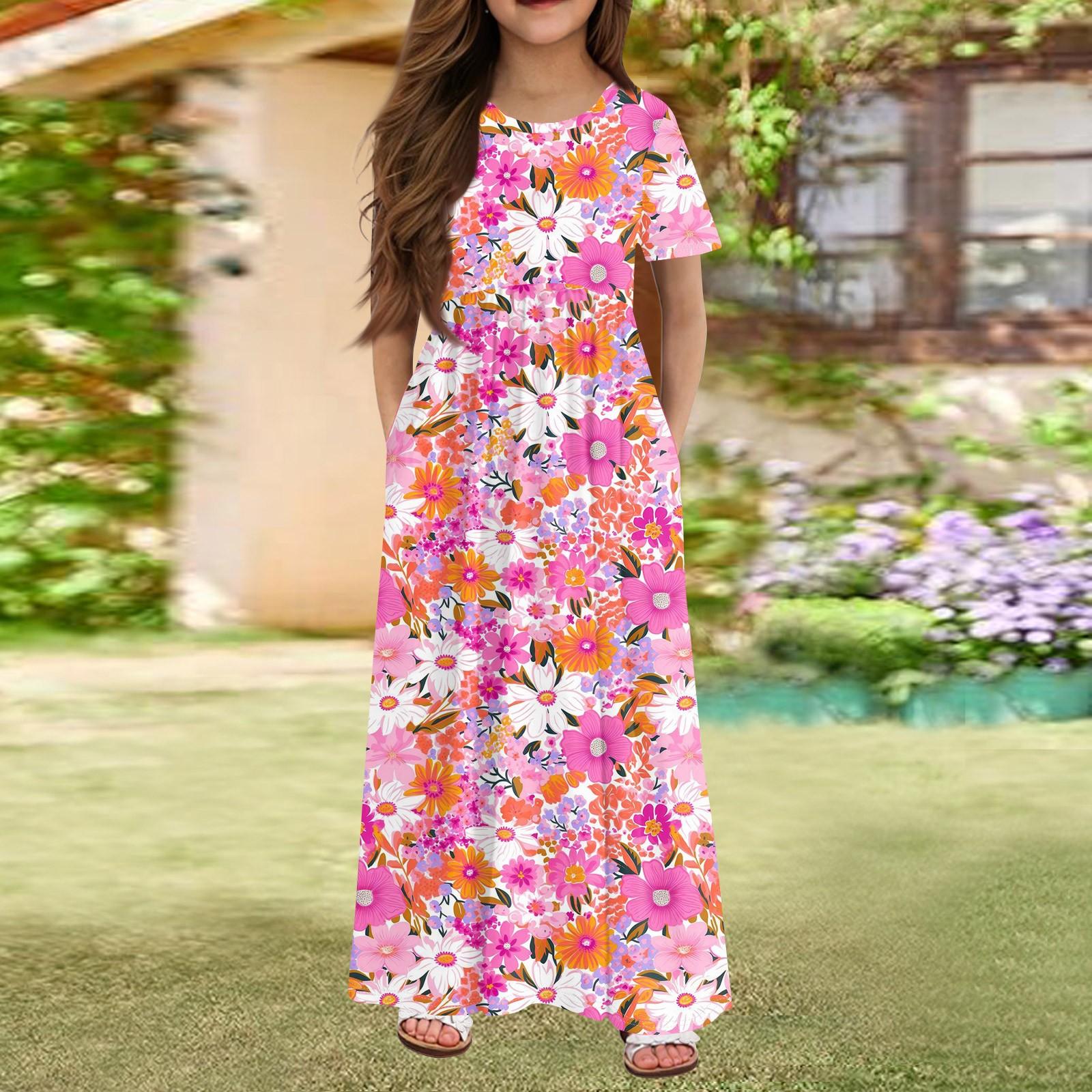 

Длинное летнее платье для девочек - платье макси с короткими рукавами и карманами для детей 4-14 лет 110 горячий розовый