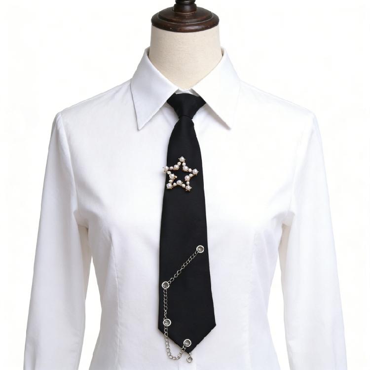 Student Pre Tied Neck Ties Preepy Look Pearls Star Metal Chain Dark Tie Cravat Neck Wear Accessories