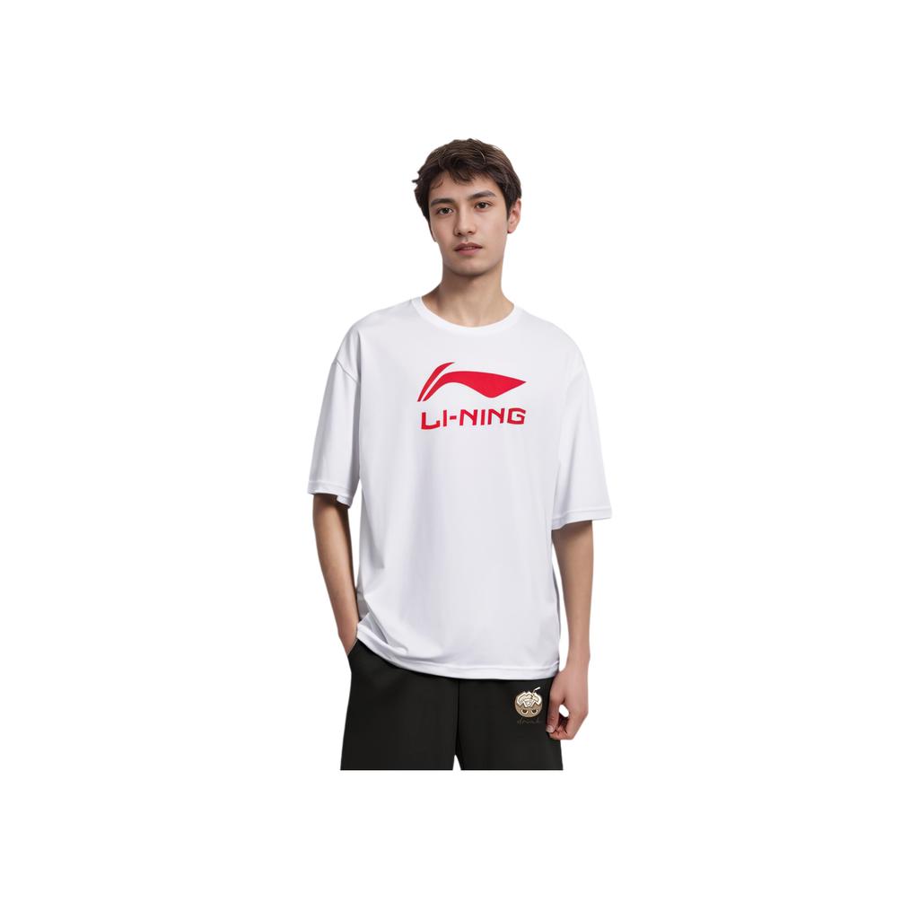 Li Ning Badminton Series Letter Logo Print Quick-Dry Cool Short Sleeve T-Shirt Unisex Tops Standard-White ATSU493-2