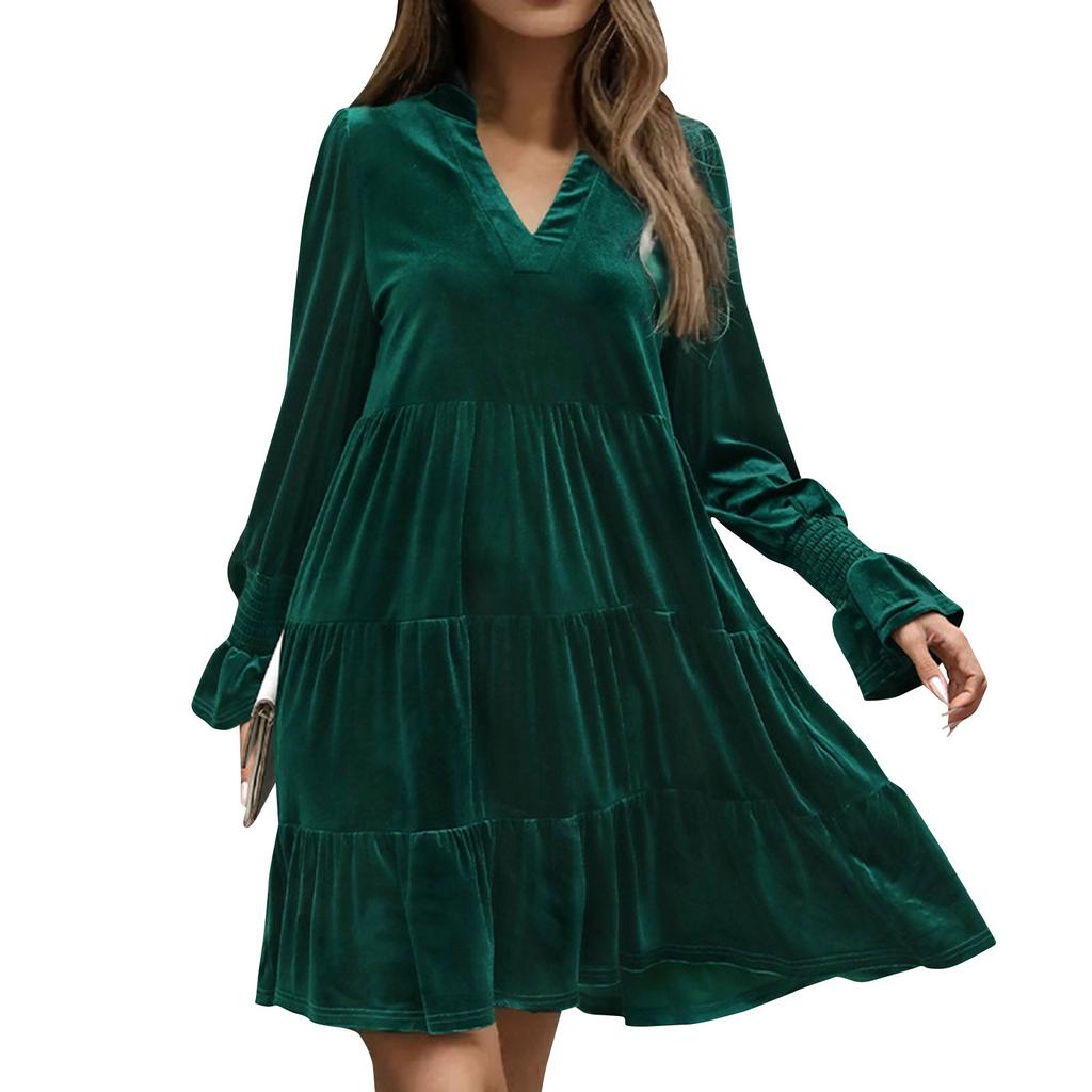Herbst Damen V-Ausschnitt Langarm Einfarbig Samt Kleid Für Frauen