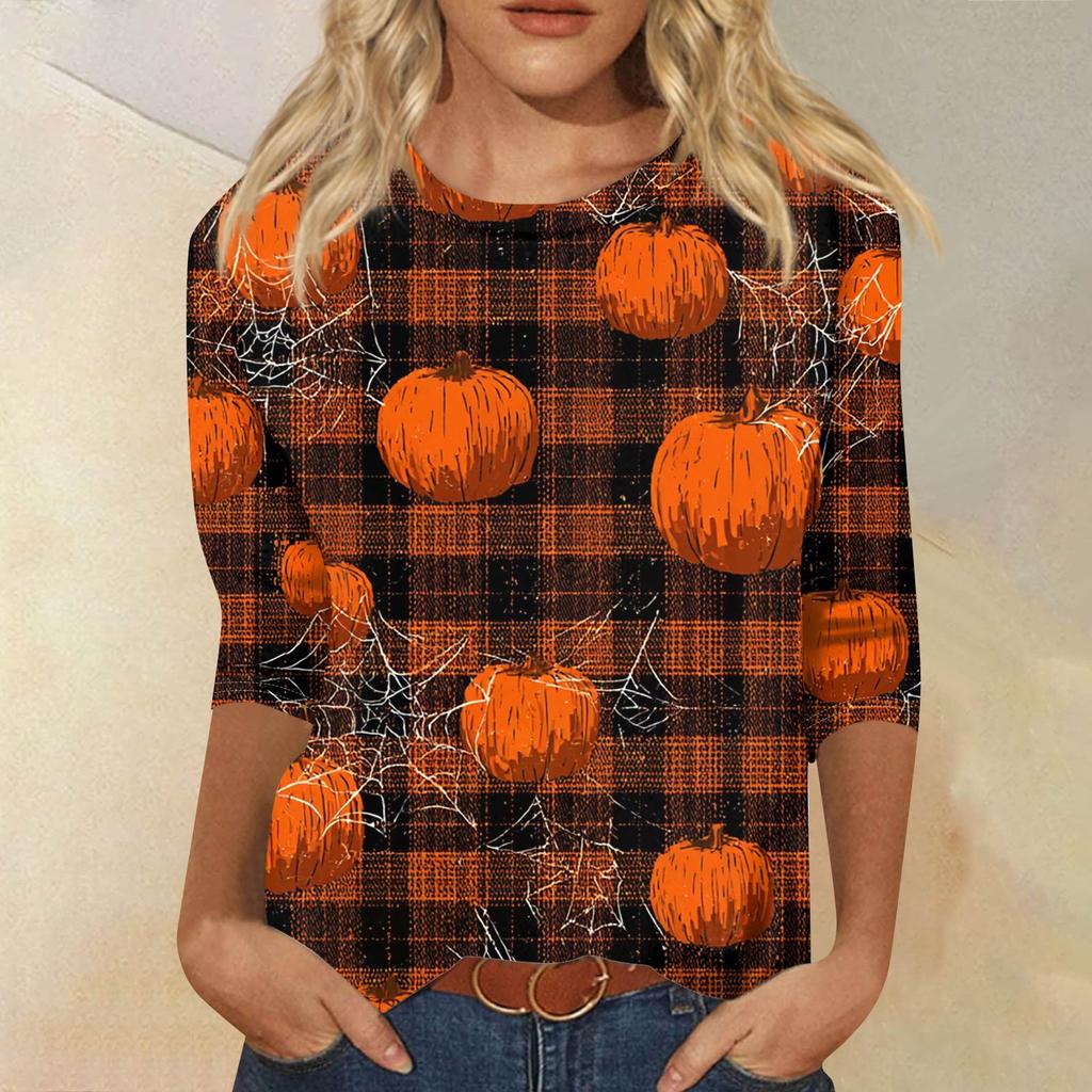 Dámské módní ležérní tričko s tříčtvrtečním rukávem a halloweenským potiskem, s kulatým výstřihem