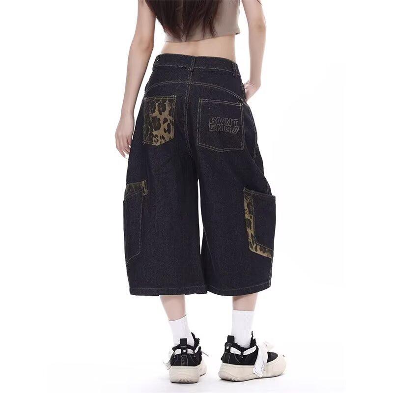 Pants Men's and Women's High Street Multi-pocket Loose Tooling Shorts Large Size Guochao Camouflage Splicing Scimitar Denim