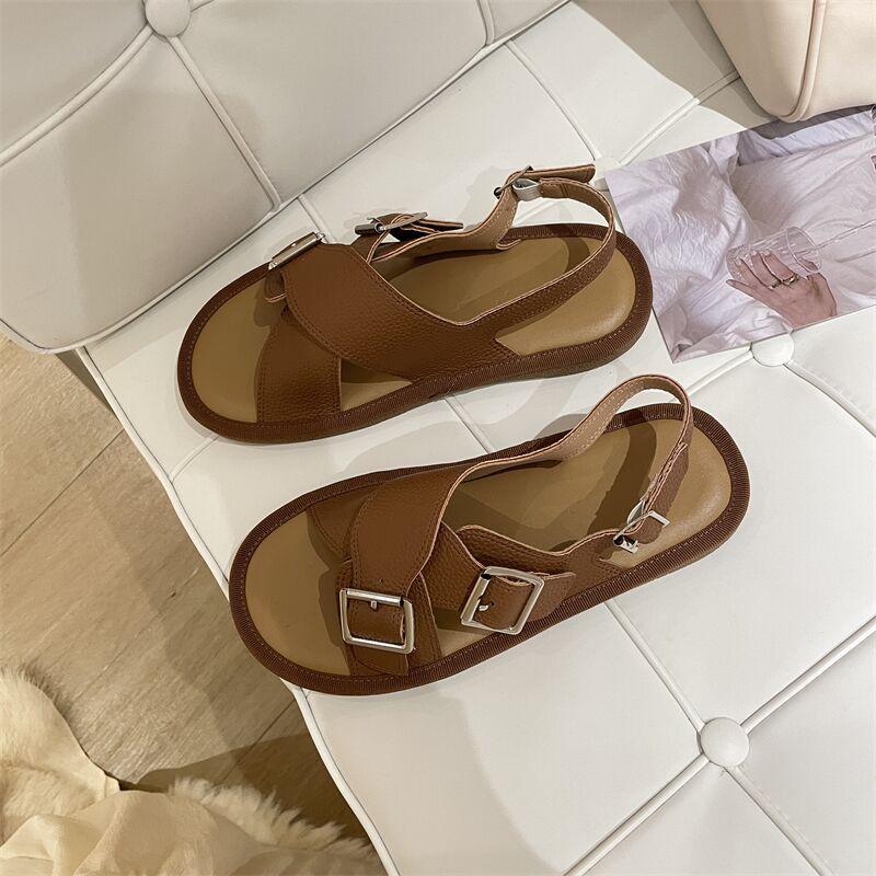 Fashion Double Buckle Slingback Sandals Women Thick Sole Cross Strap Flat Sandalias Ladies Casual Open Toe Summer Shoes