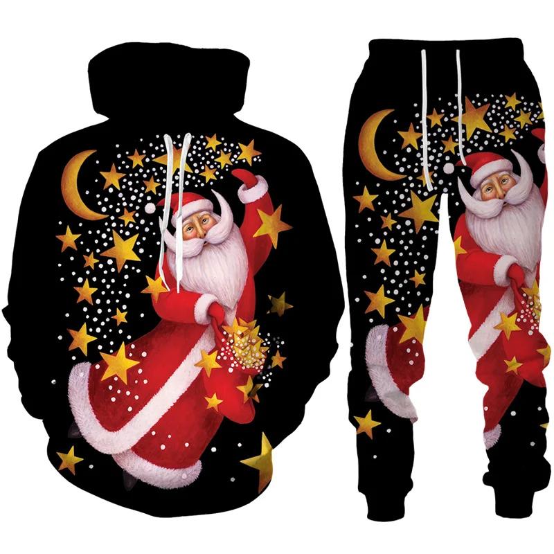 Christmas Santa Claus 3D Print Man Woman Hoodie + Pants 2pcs Sets New Year Holiday Party Casual Oversized Pullover Tracksuit Set