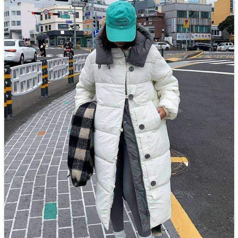 Contrasting colors hooded medium and long cotton clothes for women, new winter models can wear casual and versatile warm coats on both sides
