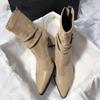 Fashion Women's Beige Suede Ankle Boots Pointed Toe Chunky High Heels Buckle Strap Short Boots Elegant Office Party Dress Shoes