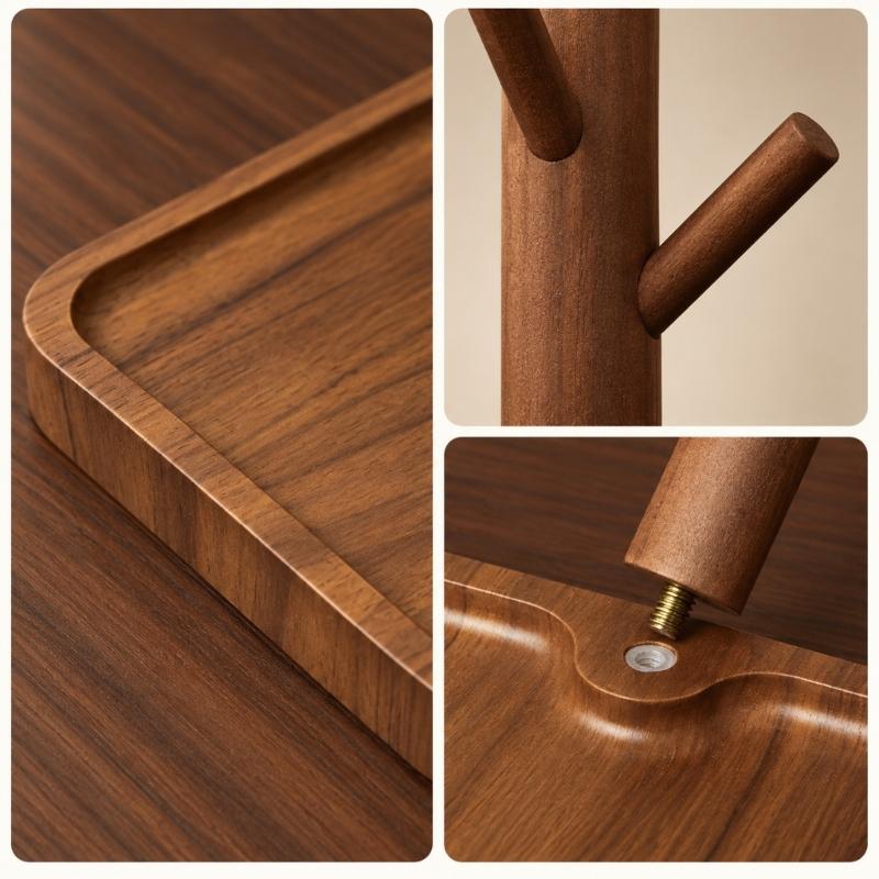 Entryway Key Holder and Jewelry Stand with Branched Hanging Pegs, Recessed Tray, and Removable Solid Wood Post