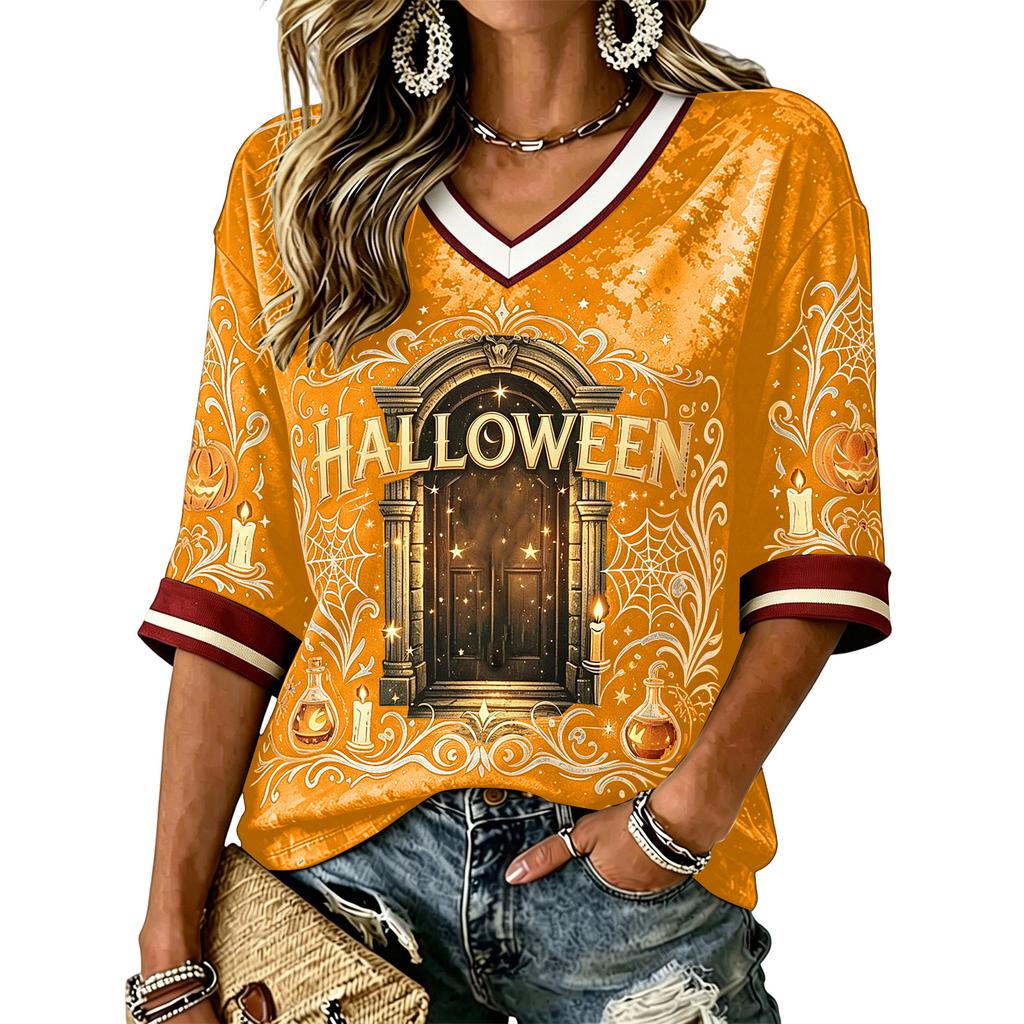 Women's Casual Halloween Print V-Neck T-Shirt