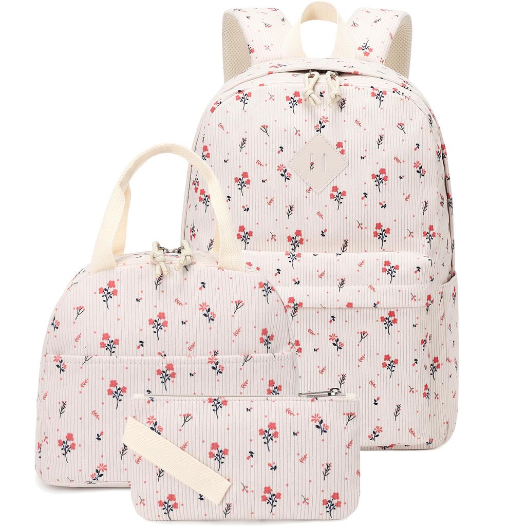 2026 New High Quality Corduroy 3-Piece Backpack Set for Girls Lightweight Floral Printed Primary School Student School Bags