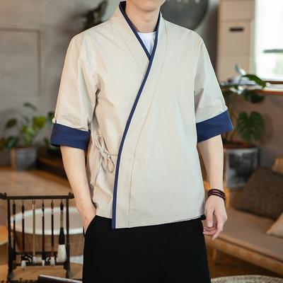 2025 Chinese Style Retro Bandage Shirts Men Hanfu Cotton Half Sleeve Shirt Men Patchwork Tops Male Vintage Lace Up Cardigan