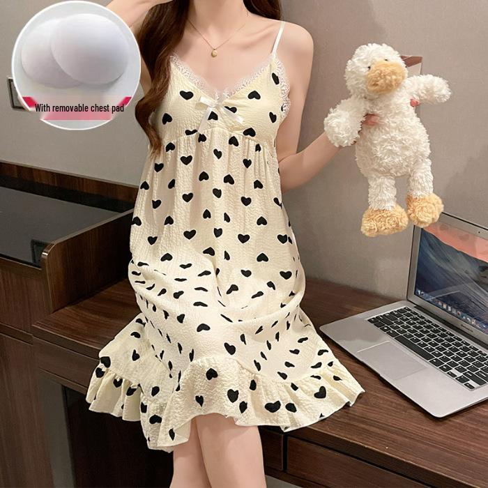 Summer V-Neck Nightdress with Chest Pads - Sexy Bubble Cotton Spaghetti Strap Style: Loose Fit Homewear for Women