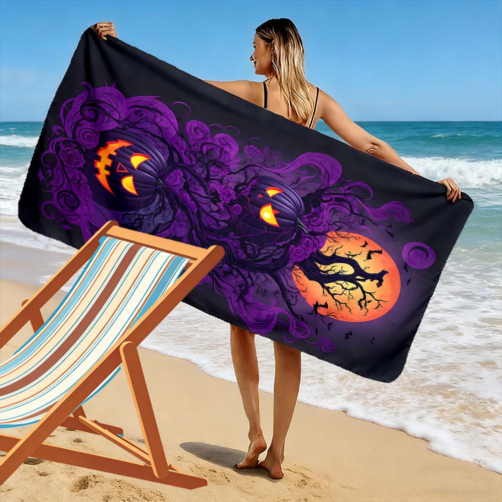 Glowing pumpkins amidst mystery Print beach towel, quick drying, suitable for travel, outdoor sports, jogging, the beach and swimming, gift