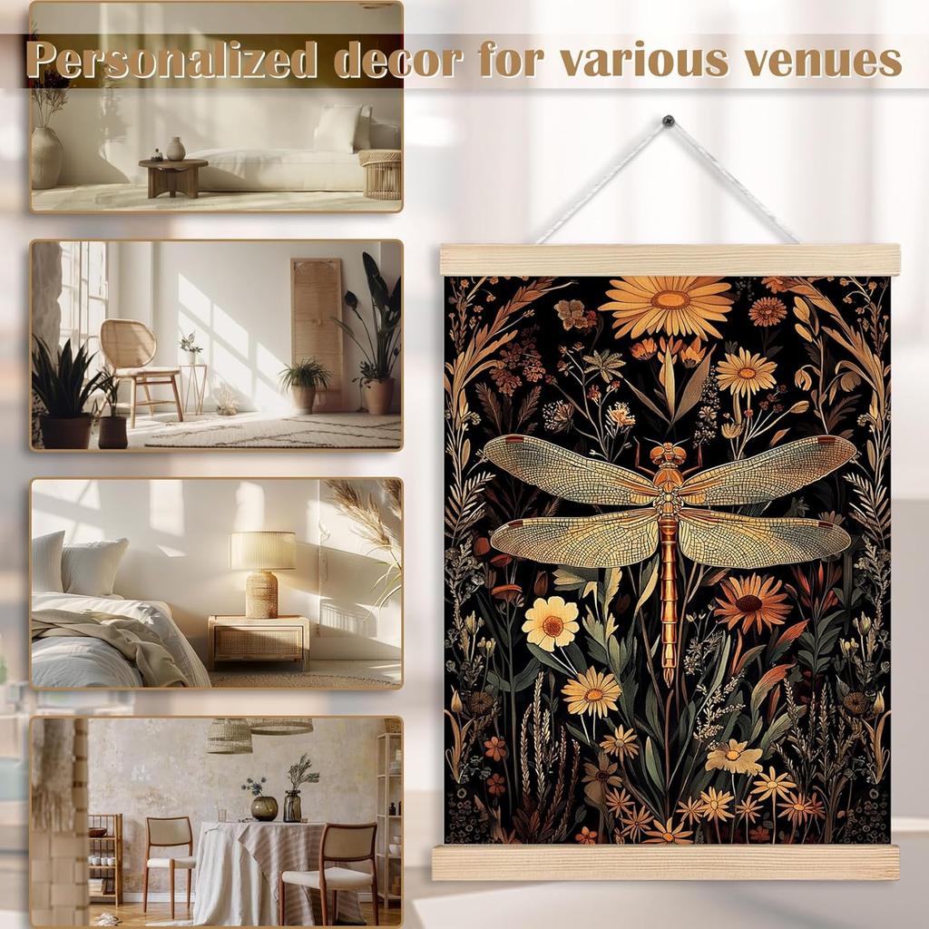 FITIE Vintage Moody Floral Dragonfly Canvas Wall Art Poster, Retro William Morris pired Cottagecore Flower Botanical Dragonfly Wall Decor Prints for