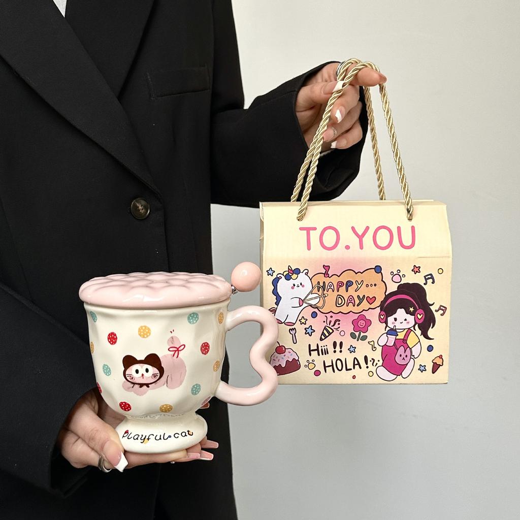 Cute Polka Dot Puppy Creative Cartoon Water Cup Ceramic Mug with Lid Spoon High Looking Birthday Gift for Girls