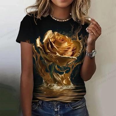 Summer Women's T-shirt Gold Rose 3D Printed T-shirt Women's Fashion T-shirt Round Neck Short Sleeve T-shirt Flower Top Tees Harajuku