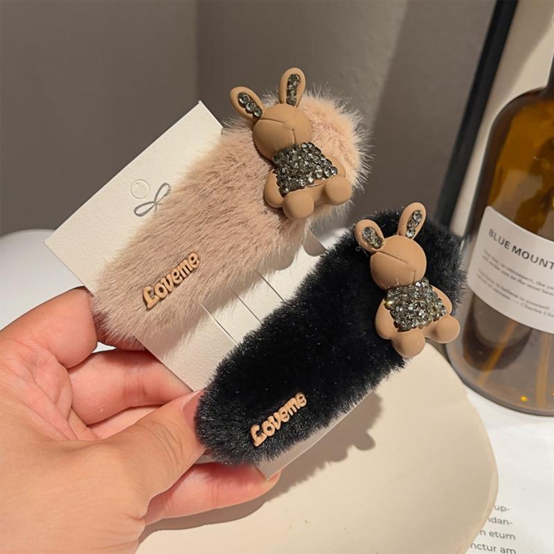 Rabbit Shape Hairpin Lovely Female Rhinestones Bunny Plush Clip Headdress Lolita Hair Barrette Nonslip Hair Clip for
