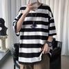 Men Summer T-shirt Striped Color Matching Half Sleeves Round Neck Loose Japanese Style Casual Daily Wear Teenager Streetwear Spring Top