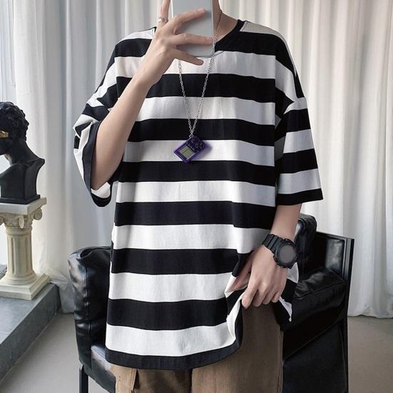 Men Summer T-shirt Striped Color Matching Half Sleeves Round Neck Loose Japanese Style Casual Daily Wear Teenager Streetwear Spring Top