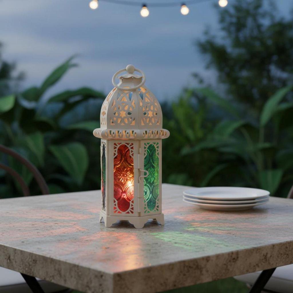 Iron Candle Holder Lantern Tealight Glass Metal Frame with Openwork Pattern And