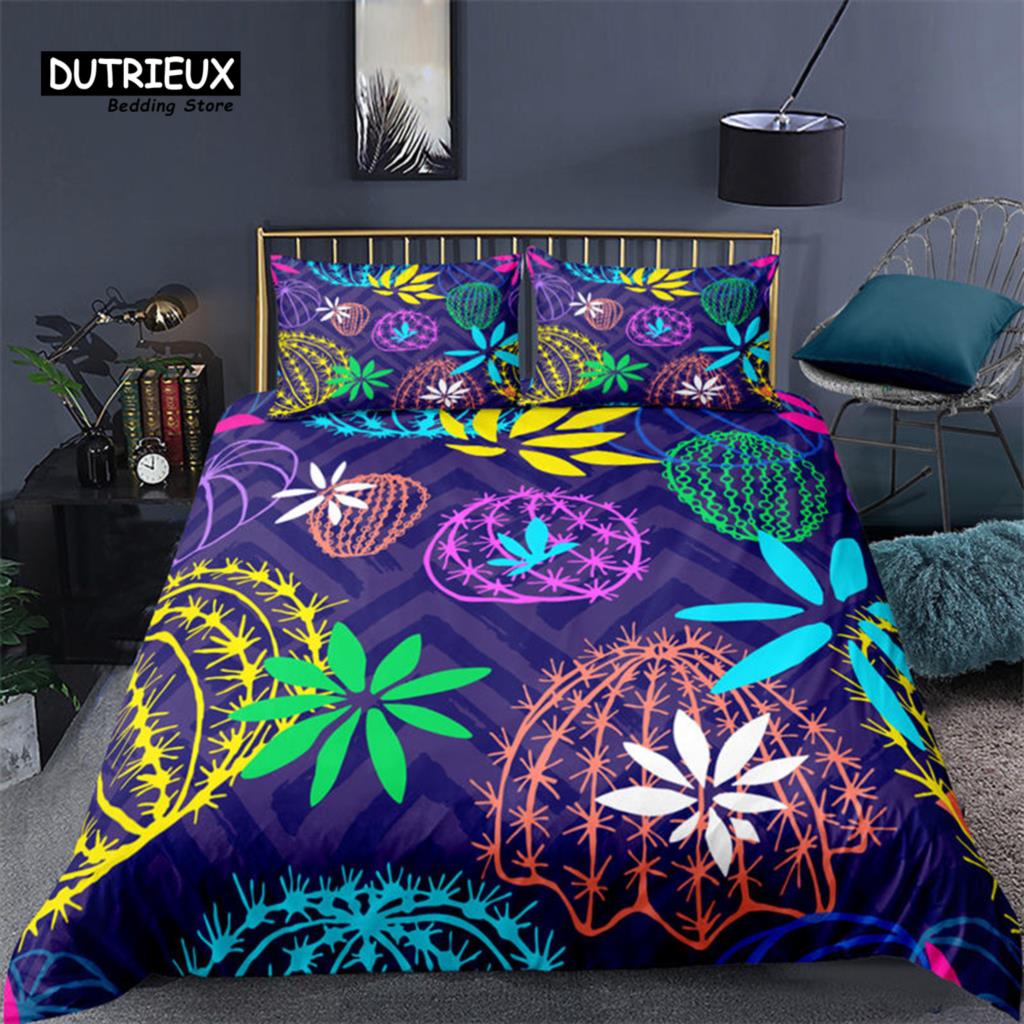 Cartoon Cactus Duvet Cover Spring Garden With Boho Style Bouquet of Thorny Plants Blossoms Decor 3 Piece Bedding Set Pillowcases
