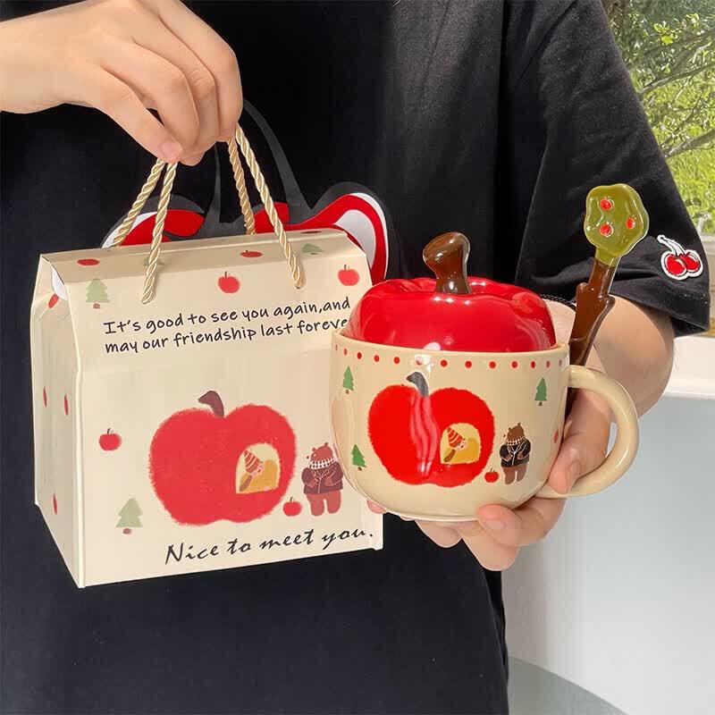 Cute Apple Ceramic Mug with Lid and Spoon