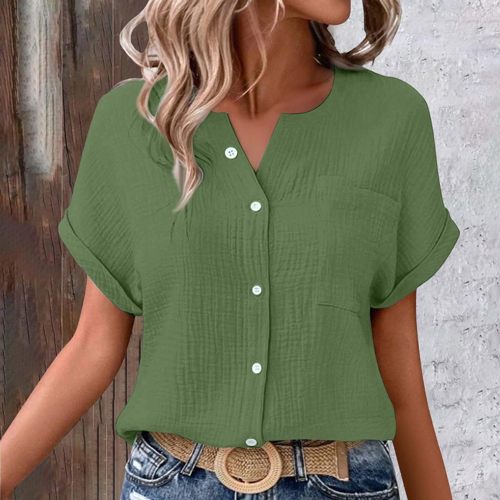 Women's Color Shirt Casual Short Sleeved Button Up Shirt For Women