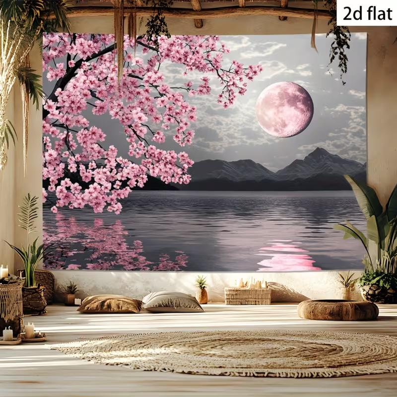 

2D Cherry Blossom Full Moon Backdrop Lake Mountain Background 47.2x31.5inch/120*80cm