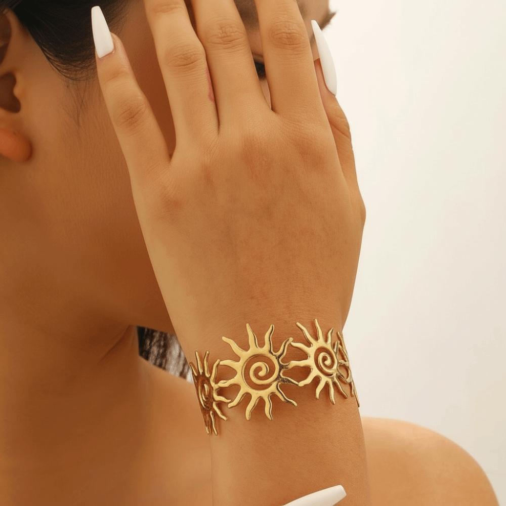 Gold Color Opening Bangles Wide Vintage Cuff Fashion Sun Bracelet Party