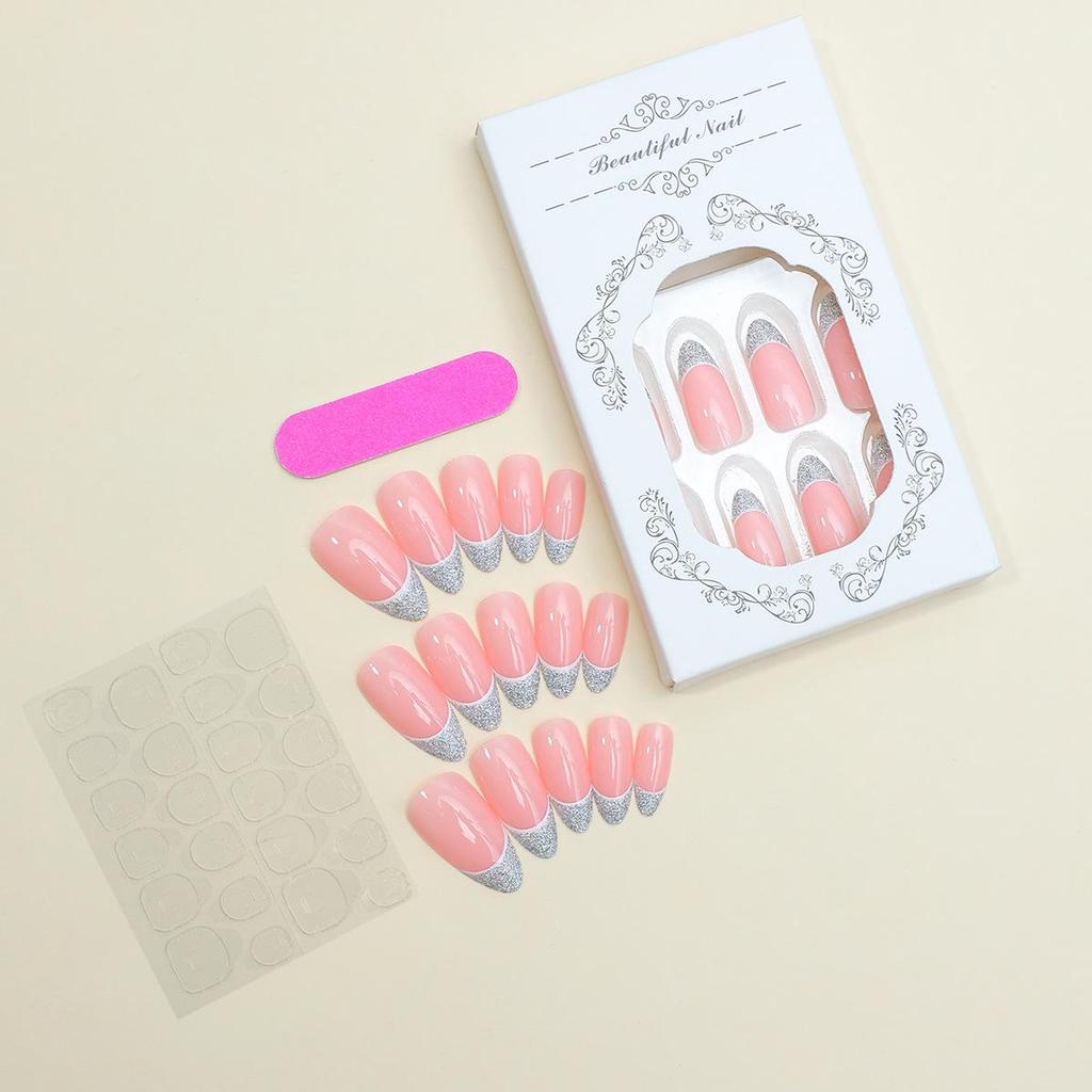 Exclusive Almond-Shaped French Glitter False Nails - Removable Nail Art