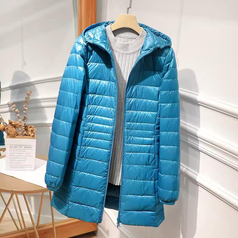 Female Long Warm Down Coat with Portable Storage Bag Women Light Down Jacket Ladies Overcoats Hip-Length High Street
