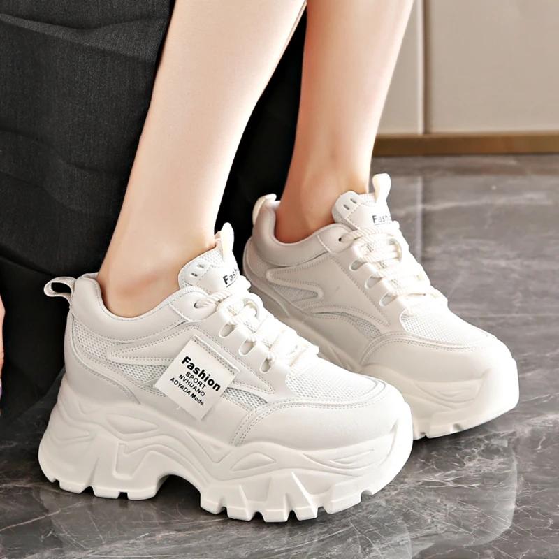 Fashion Women's White Platform Sneakers 2025 Spring Lace Up Thick Bottom Vulcanized Shoes Woman Breathable Non Slip Sports Shoes Ladies