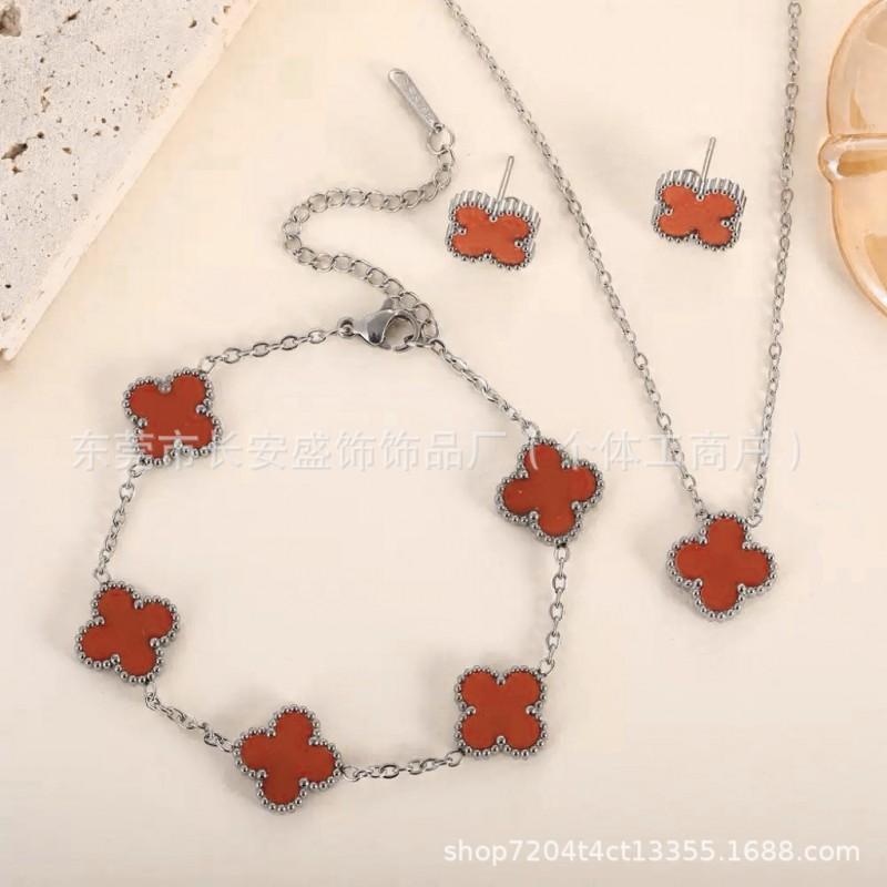 13mm Clover Pendant Necklace Earring Bracelet Set Women 18K Gold Plated Titanium Steel Jewelry Fashion OL Style