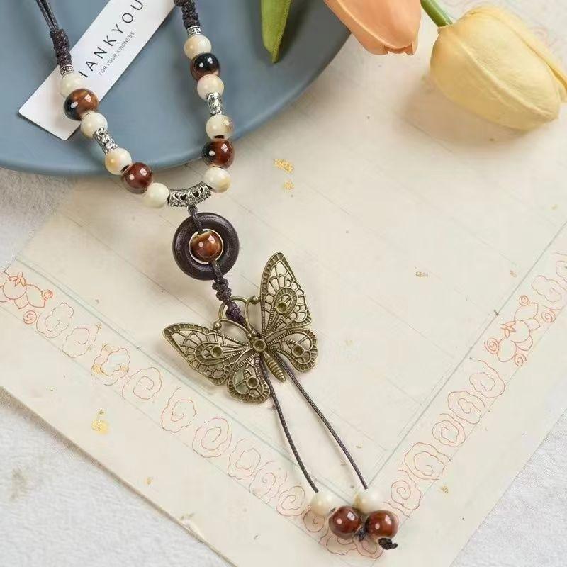 Qingge Ethnic Style Necklace, Retro Versatile Butterfly Color Glaze Pendant, Sweater Chain, Changchun Summer, Women'S Land